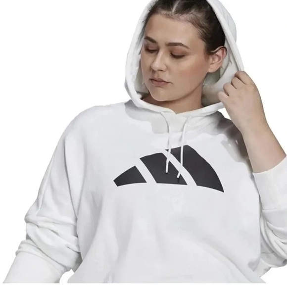 Adidas Womens White Ribbed Drawstring Logo Graphic Long Sleeve Hoodie - Picture 2 of 3